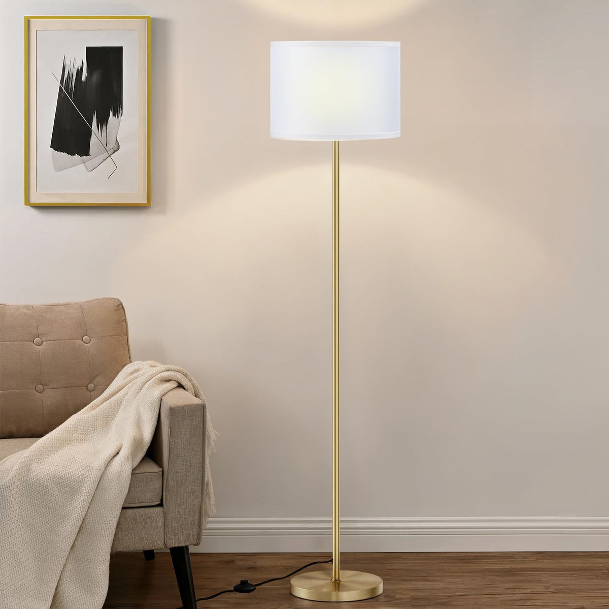 Ambimall 60'' Modern Floor Lamp with Shade, Tall Lamps for Living Room, Bedroom, Office, Dining Room, Beige Shade with Brown Pole(Without Bulb)