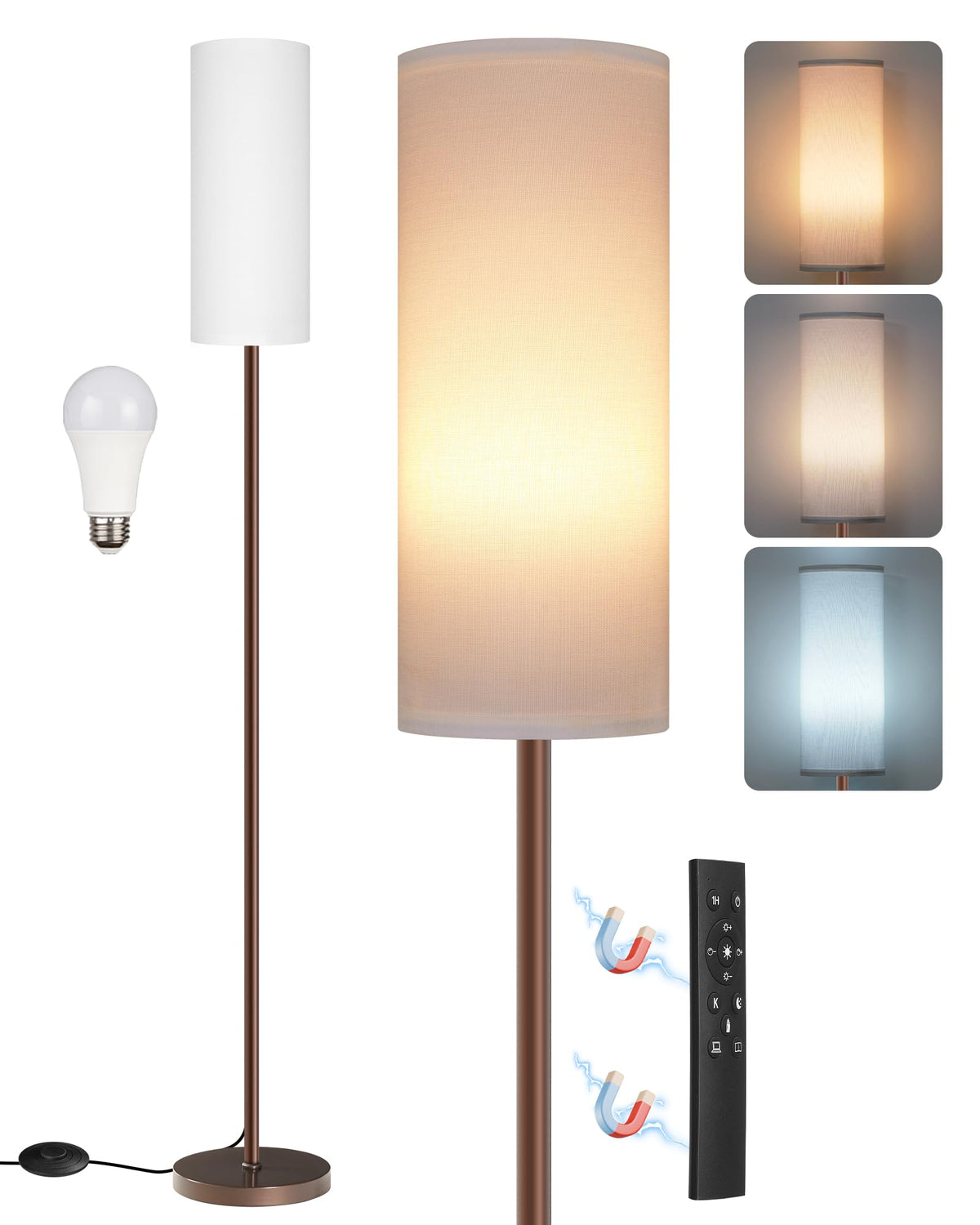 64.4” Slim Floor Lamp for Living Room with Magnetic Remote and Foot Switch, Dimmable Standing Tall Lamp Mood for Bedroom Nursery, 3 Color Temperatures, 1-Hour Timer,900LM Bulb Included,Beige E06LD05W1