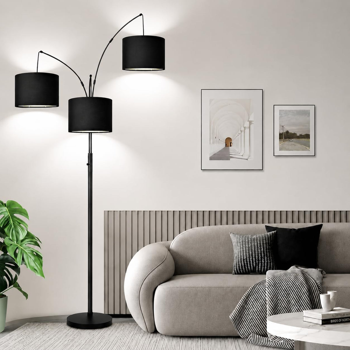 Dimmable Floor Lamp, 3 Lights Black Arc Floor Lamp, Modern Tall Standing Tree Lamp with Grey Linen Shades & Heavy Base, 3000LM LED Bulbs, Bright Lighting for Living Room, Bedroom, Office & Reading