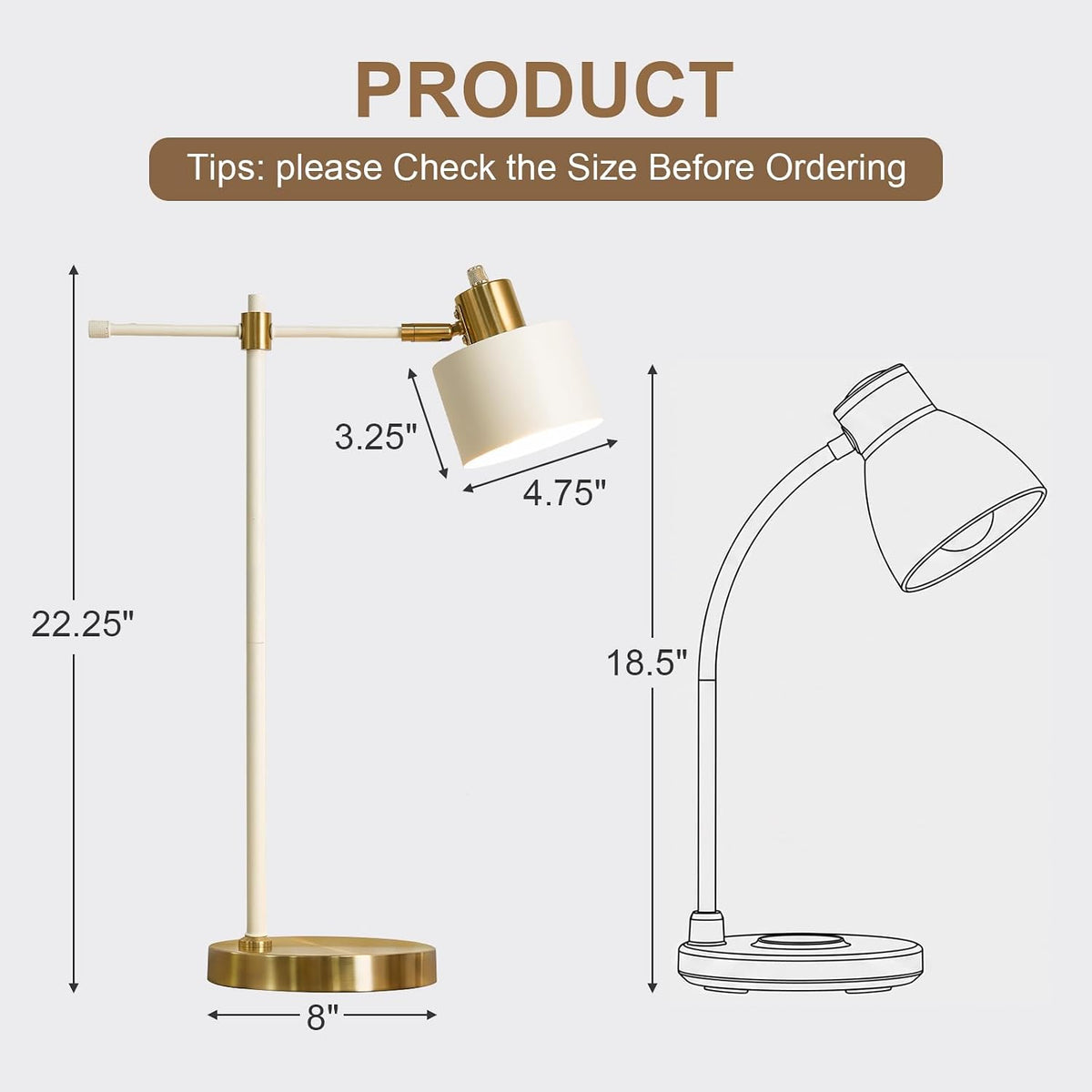 OYEARS 22.2" Modern Desk Lamp, Metal Table Lamp with LED Bulb, Adjustable Reading Lamps for Living Room, Mid Century Nightstand Lamp for Home Office, Industrial Bedside Lamps, Cream and Gold