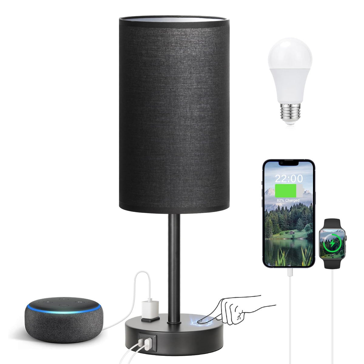 Fenmzee Bedside Table Lamp for Bedroom - Dimmable Touch, USB A+C, AC Outlet
