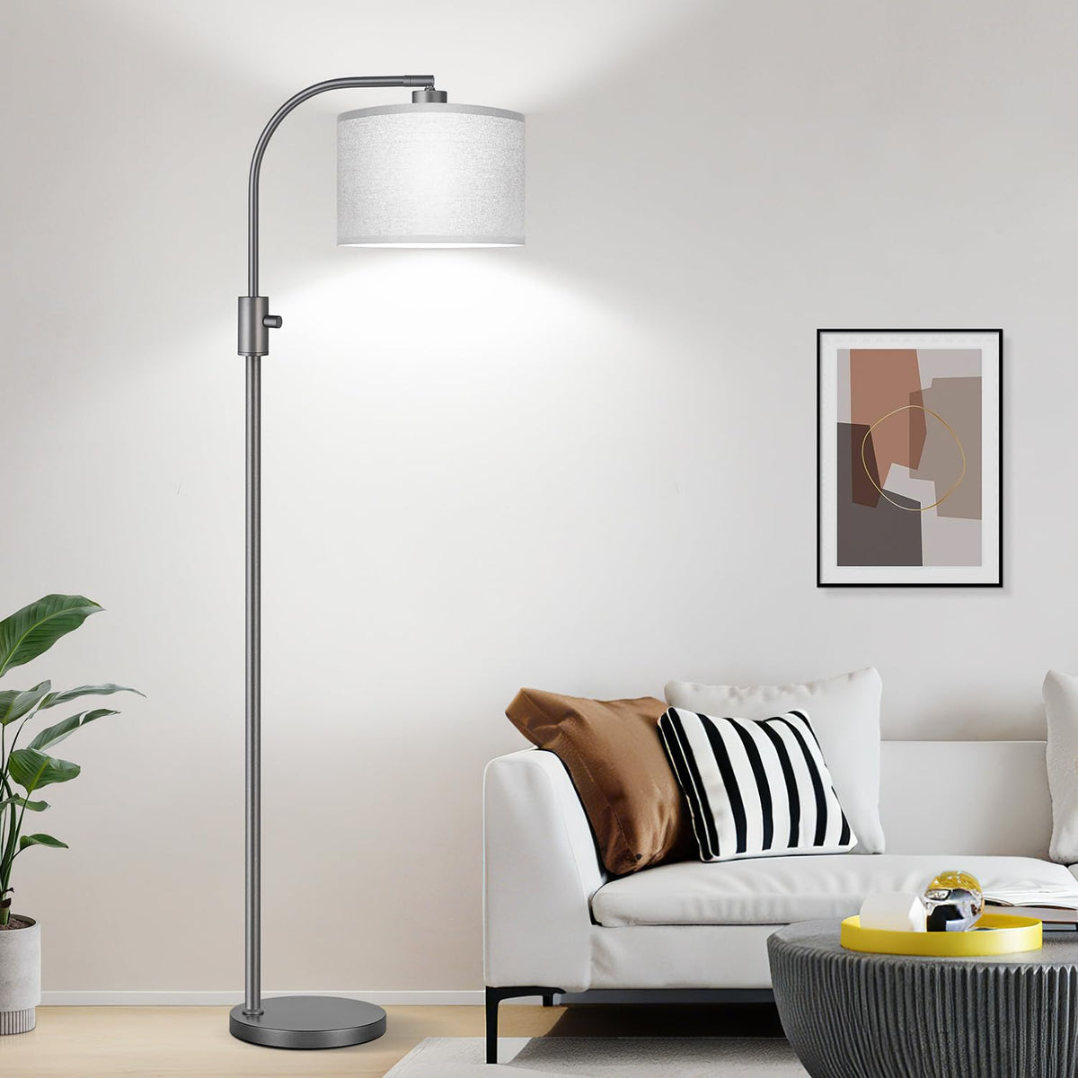 Nintiue Upgraded Modern Arc Dimmable Tall Standing Floor Lamp with Linen Shade, 1200 Lumens LED Bulb Included, for Living & Reading Room, Bedroom, Office & Nursery, Gold