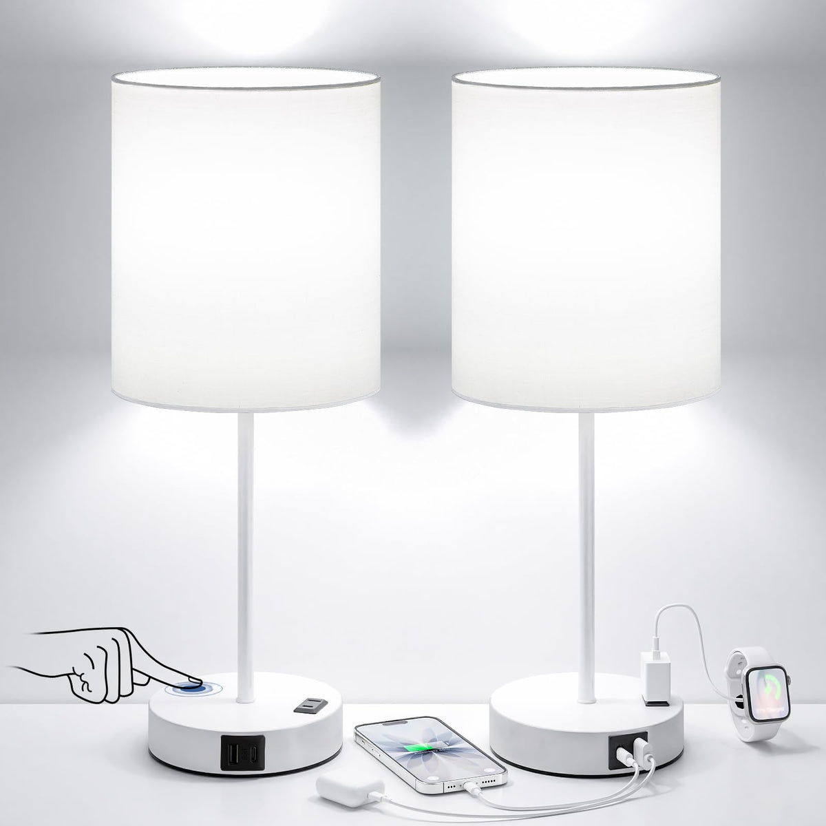 Fenmzee Touch Lamps for Bedroom Set of 2 - Dimmable, USB C+A, AC Outlet