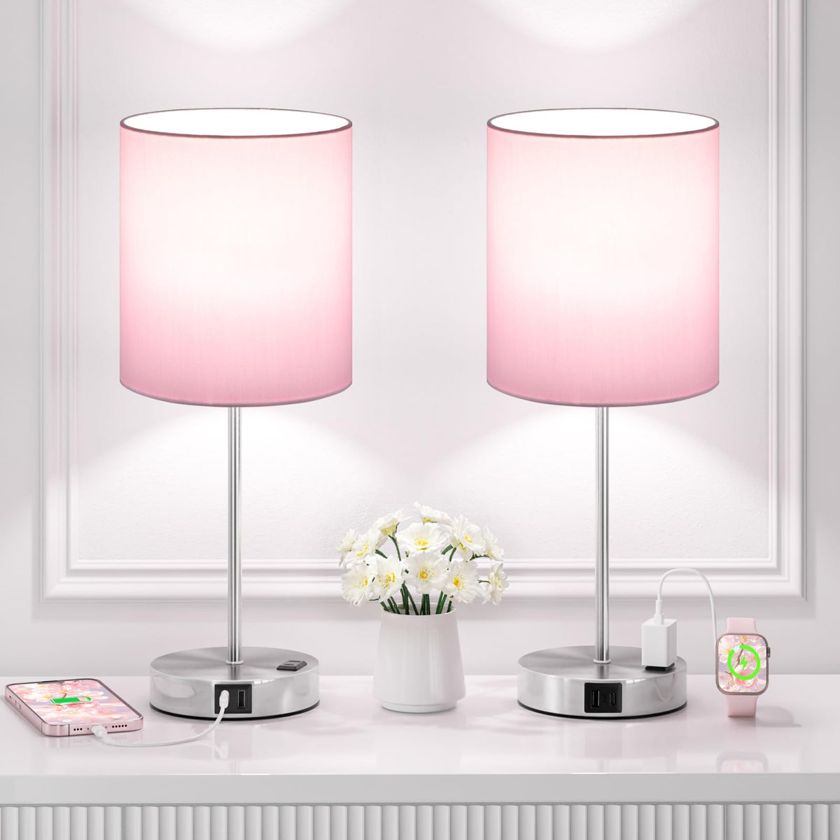 Fenmzee Touch Lamps for Bedroom Set of 2 - Dimmable, USB C+A, AC Outlet