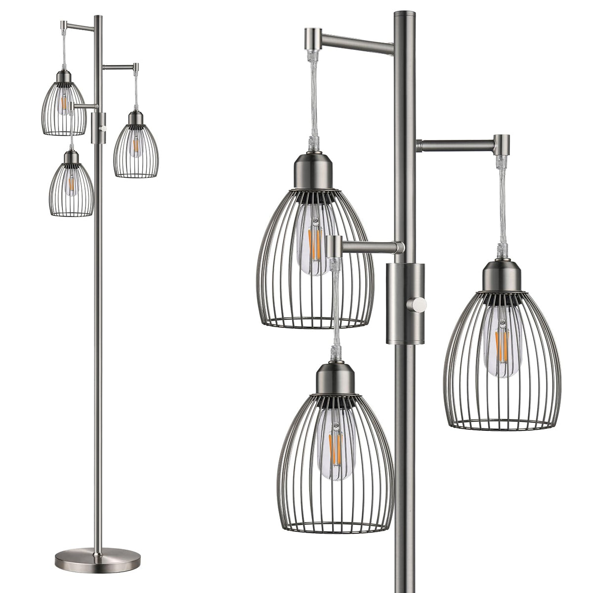 Dimmable Floor Lamp, Industrial Floor Lamps for Living Room, Gold Tree Lamp Standing Lamp Tall Lamps with 3 Elegant Teardrop Cage Head & 800 Lumens LED Bulbs for Living room Bedroom Office Dining Room
