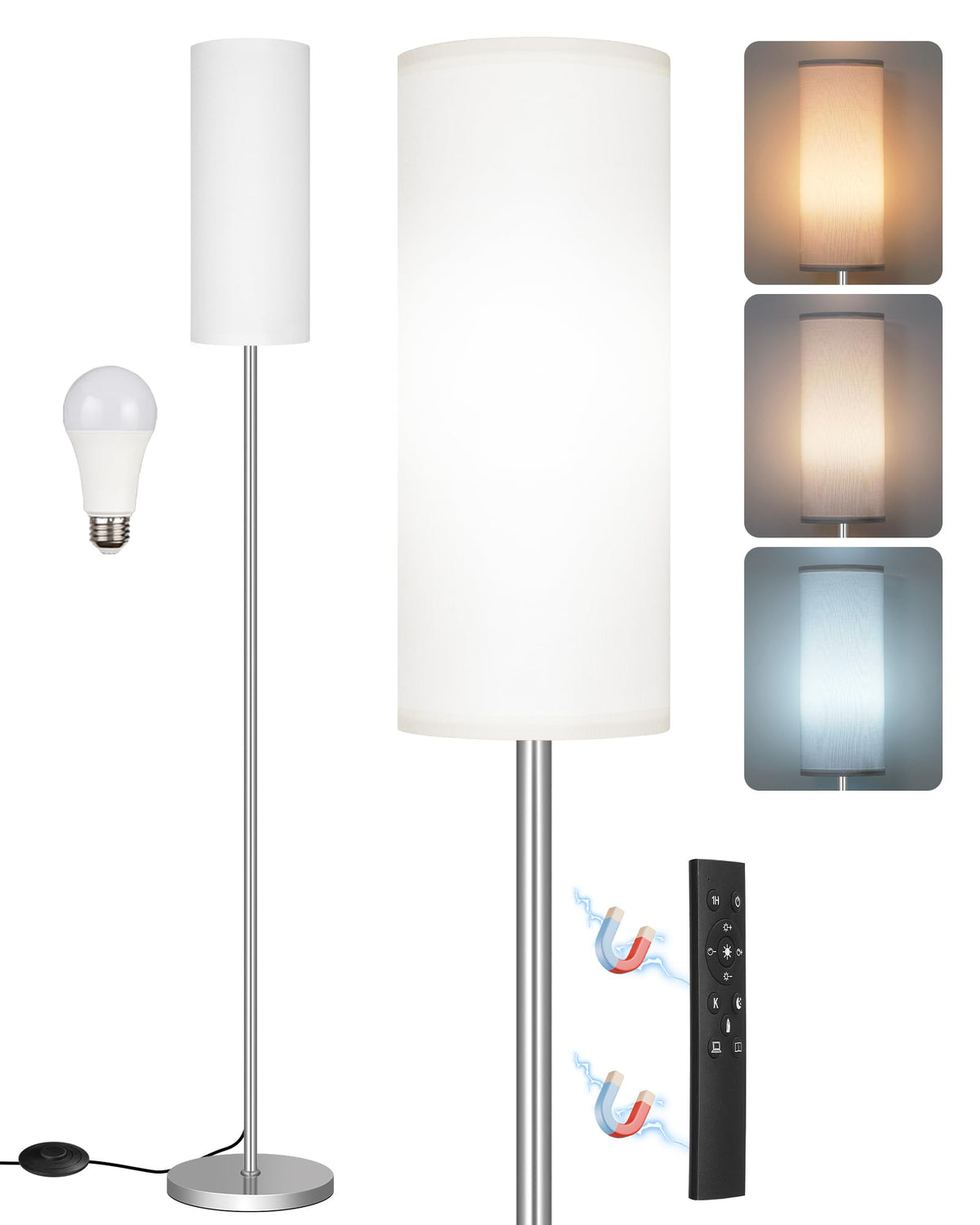 64.4” Slim Floor Lamp for Living Room with Magnetic Remote and Foot Switch, Dimmable Standing Tall Lamp Mood for Bedroom Nursery, 3 Color Temperatures, 1-Hour Timer,900LM Bulb Included,Beige E06LD05W1