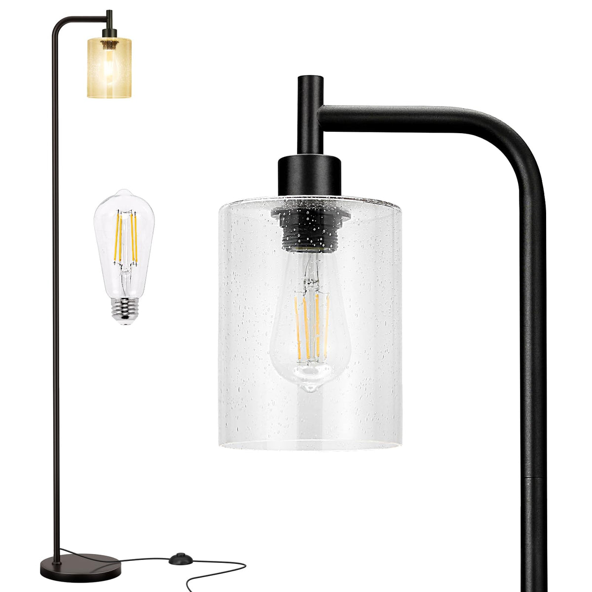Ziisee Industrial Floor Lamp with Glass Shade - Black, LED Bulbs, Foot Pedal Switch, Easy Assembly
