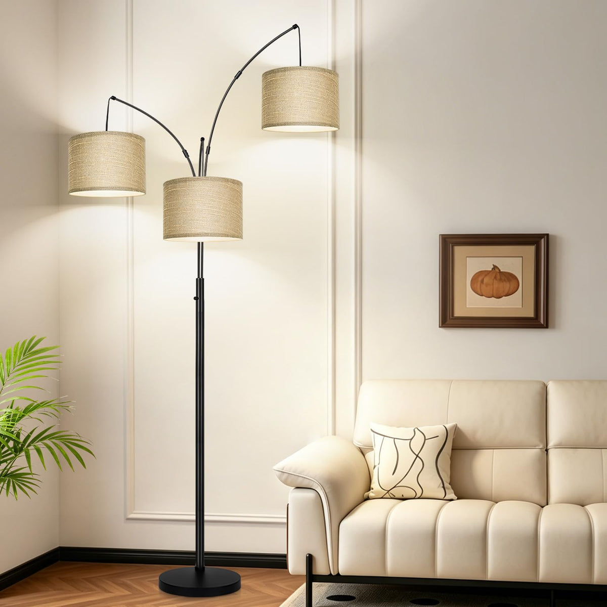 Dimmable Floor Lamp, 3 Lights Black Arc Floor Lamp, Modern Tall Standing Tree Lamp with Grey Linen Shades & Heavy Base, 3000LM LED Bulbs, Bright Lighting for Living Room, Bedroom, Office & Reading