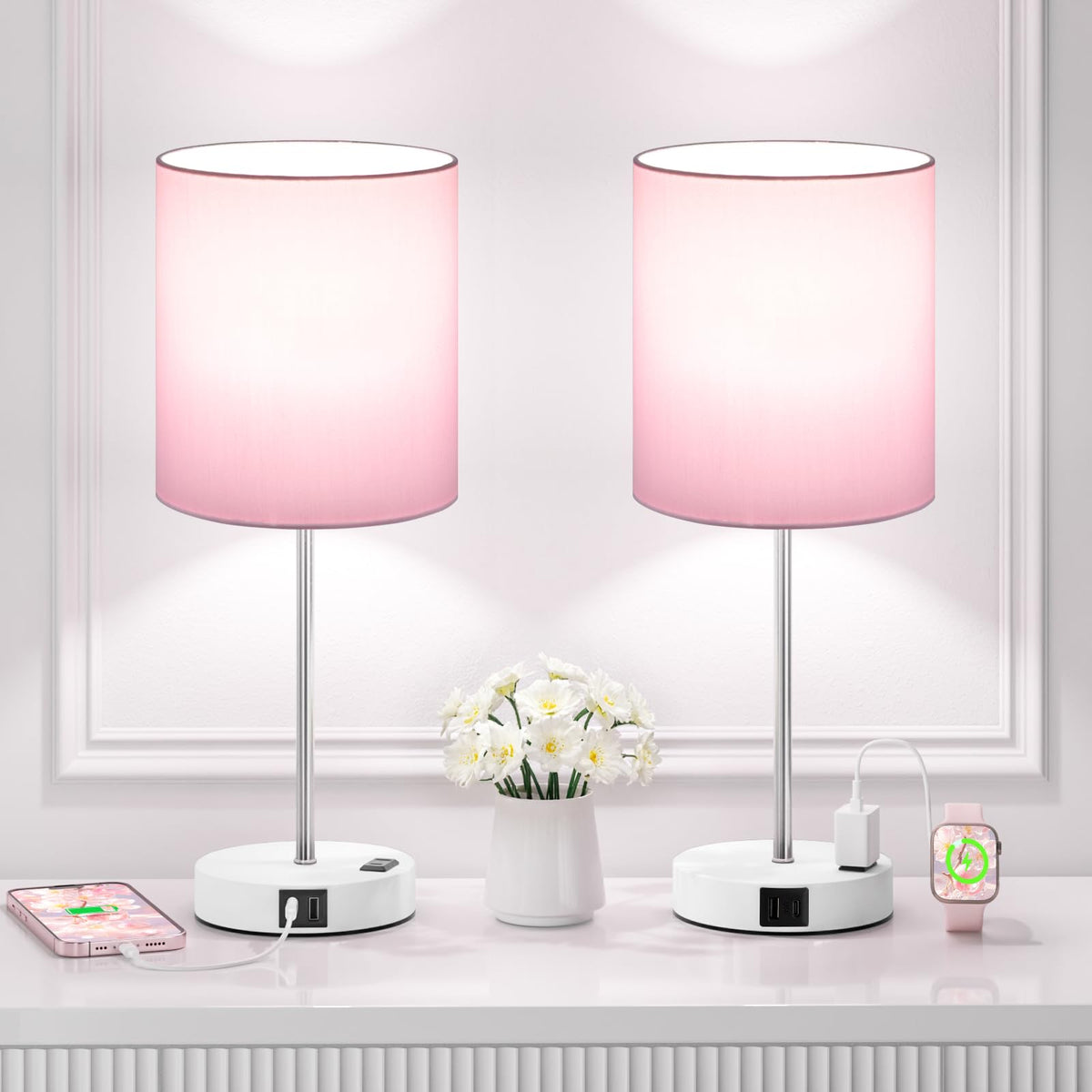 Fenmzee Touch Lamps for Bedroom Set of 2 - Dimmable, USB C+A, AC Outlet