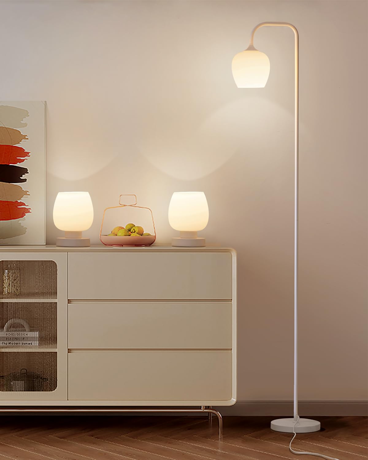 ONEWISH White Floor Lamp-Modern Standing Lamp for Living Room Bedroom, Opal Glass Lamp Shade, LED Bulb Included, for Reading Office, Simple Design Home Decor for Christmas Thanksgiving Day