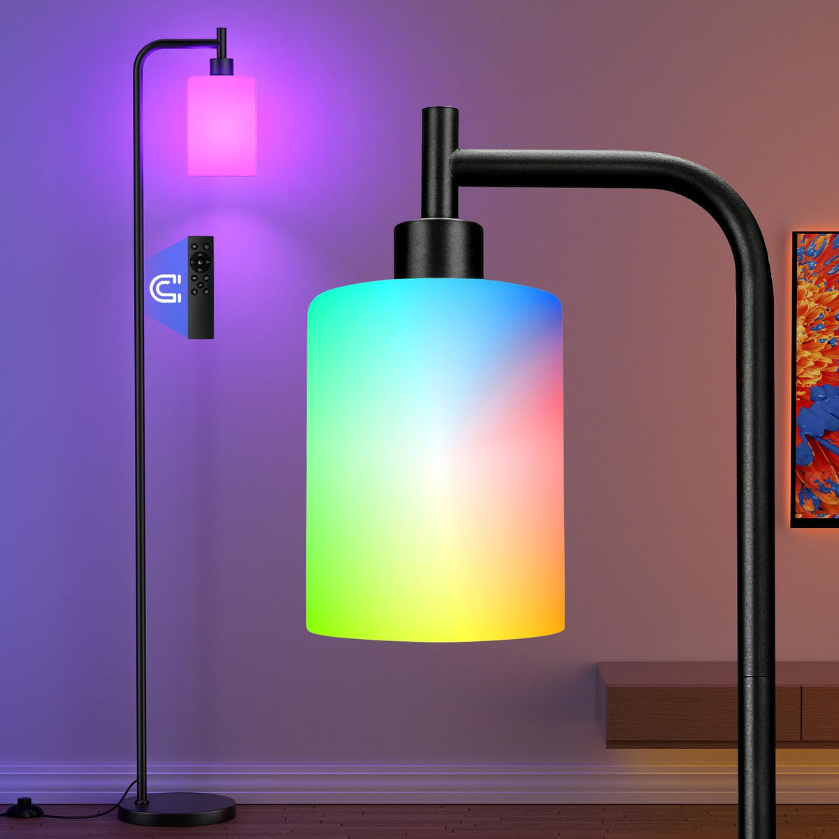 Ziisee Industrial Floor Lamp with Glass Shade - Black, LED Bulbs, Foot Pedal Switch, Easy Assembly