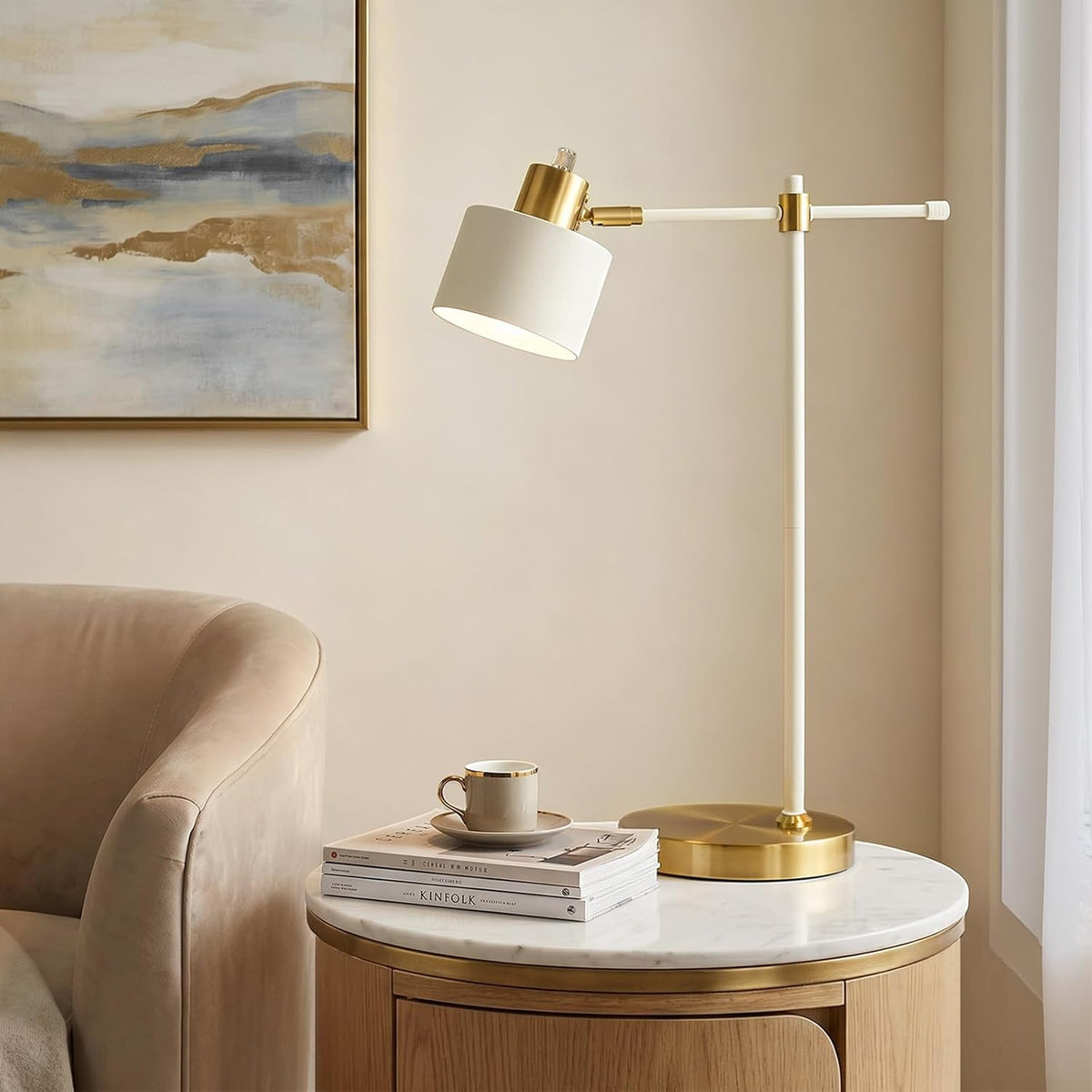 OYEARS 22.2" Modern Desk Lamp, Metal Table Lamp with LED Bulb, Adjustable Reading Lamps for Living Room, Mid Century Nightstand Lamp for Home Office, Industrial Bedside Lamps, Cream and Gold
