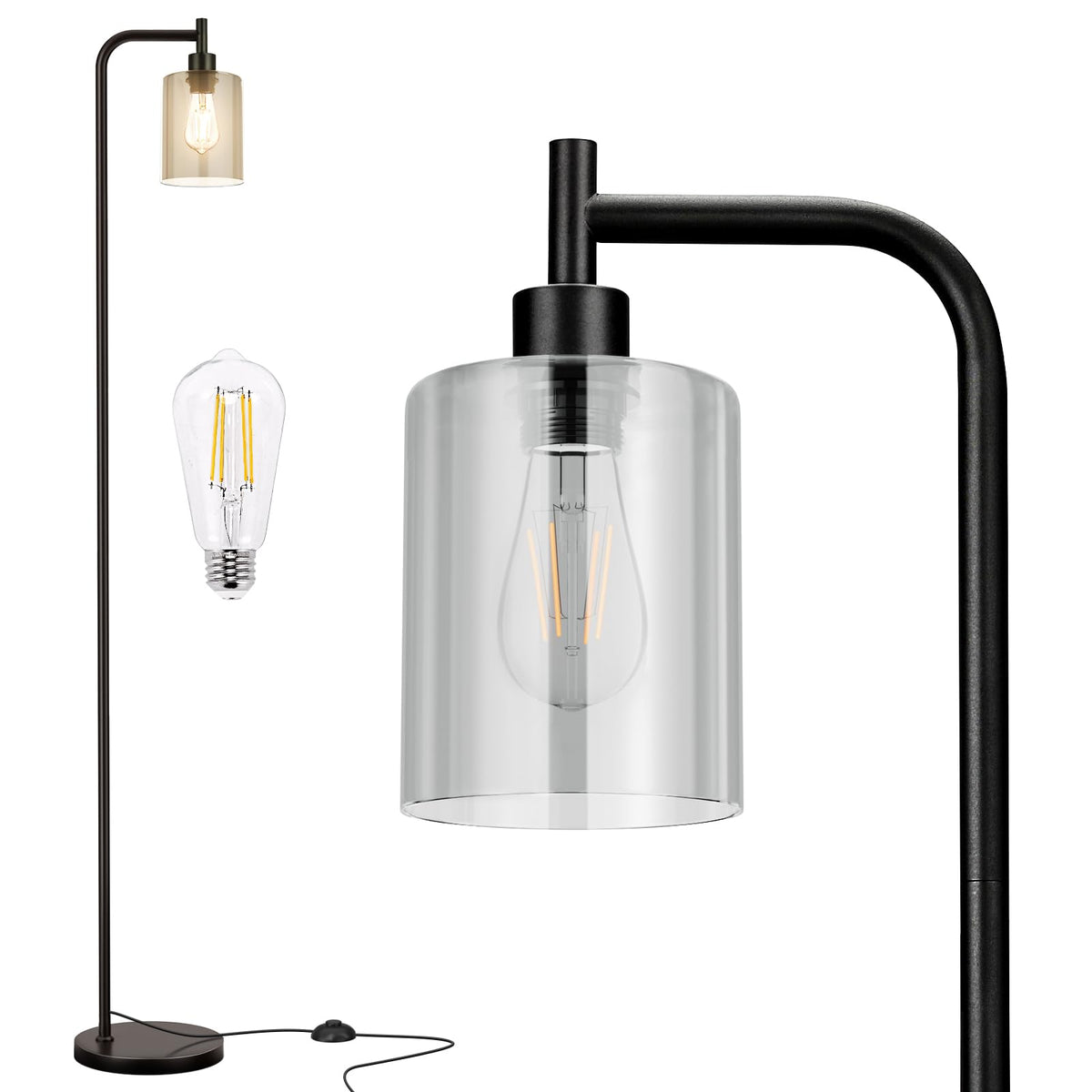 Ziisee Industrial Floor Lamp with Glass Shade - Black, LED Bulbs, Foot Pedal Switch, Easy Assembly