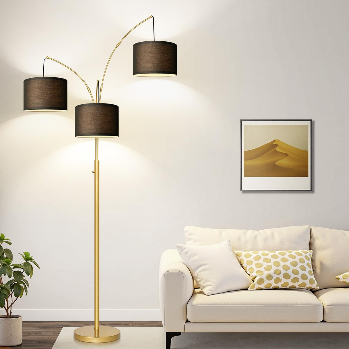 Dimmable Floor Lamp, 3 Lights Black Arc Floor Lamp, Modern Tall Standing Tree Lamp with Grey Linen Shades & Heavy Base, 3000LM LED Bulbs, Bright Lighting for Living Room, Bedroom, Office & Reading