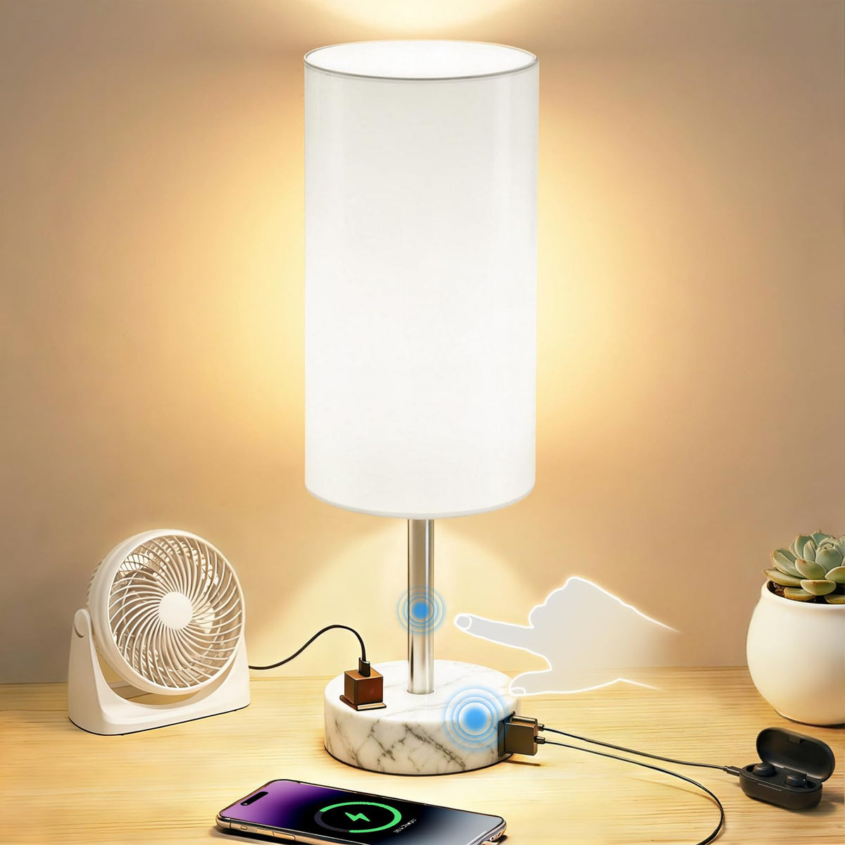 Table Lamp for Bedroom, High-Sensitivity Touch, AC Outlet, USB A+C