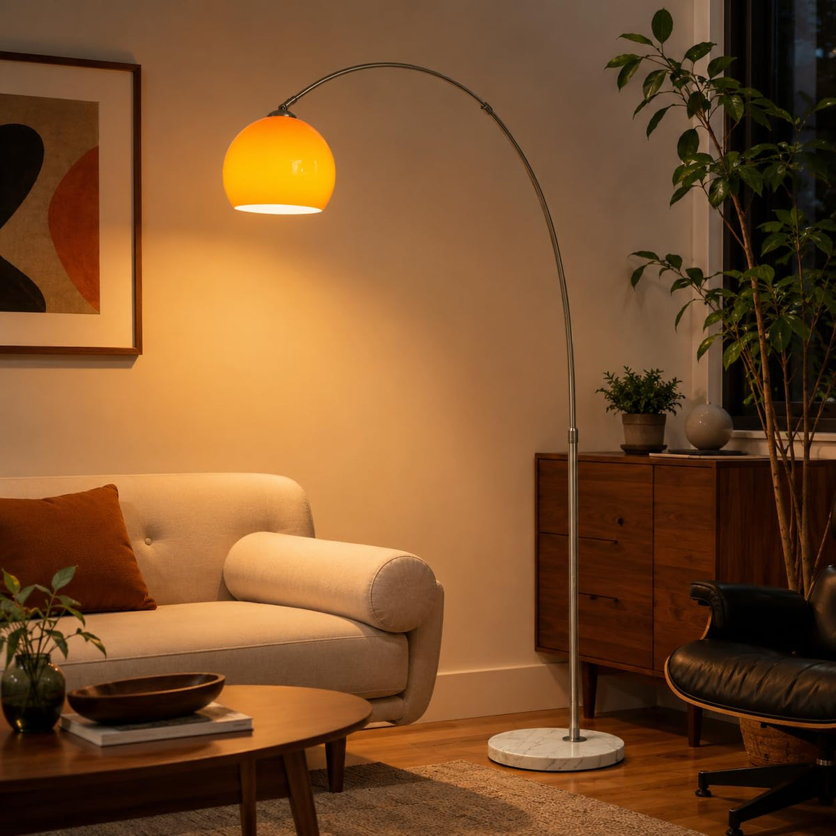 Orange Arc Floor Lamps for Living Room,Mid Century Modern,Marble Base
