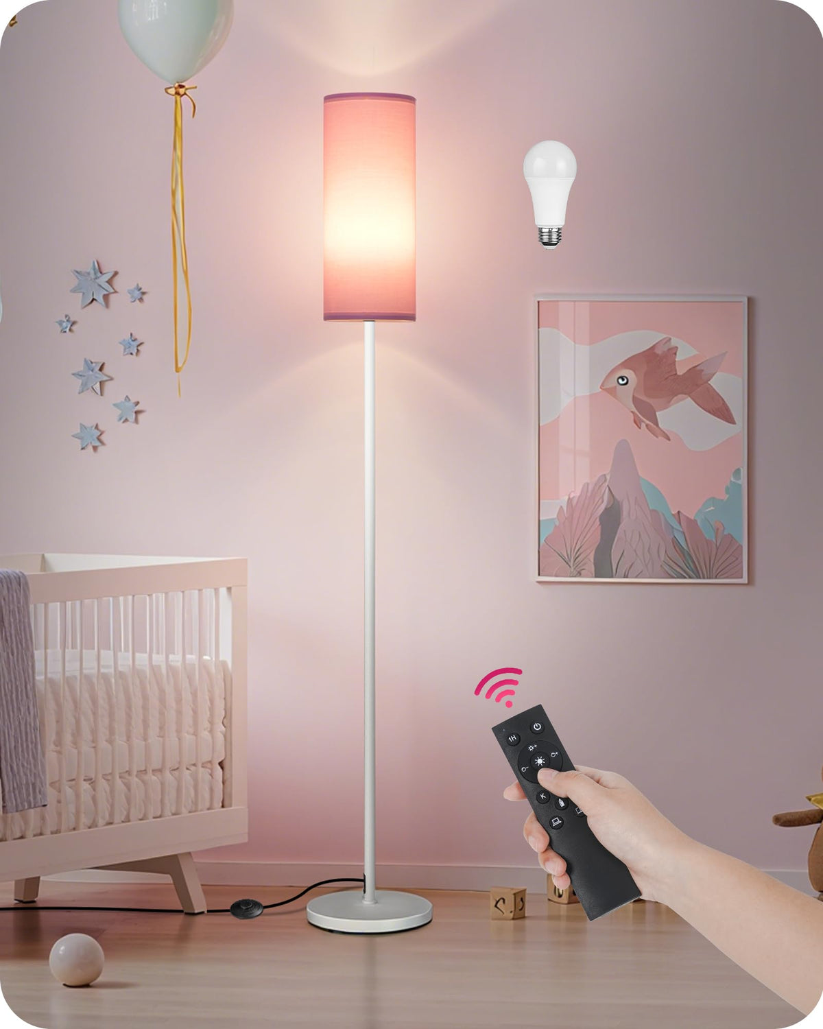 64.4” Slim Floor Lamp for Living Room with Magnetic Remote and Foot Switch, Dimmable Standing Tall Lamp Mood for Bedroom Nursery, 3 Color Temperatures, 1-Hour Timer,900LM Bulb Included,Beige E06LD05W1