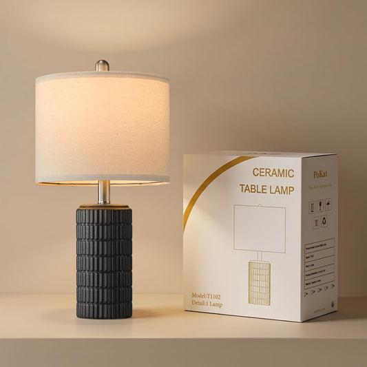 PoKat 21'' Black Table Lamp with Gift Box, Small for Bedroom, Stone-Like