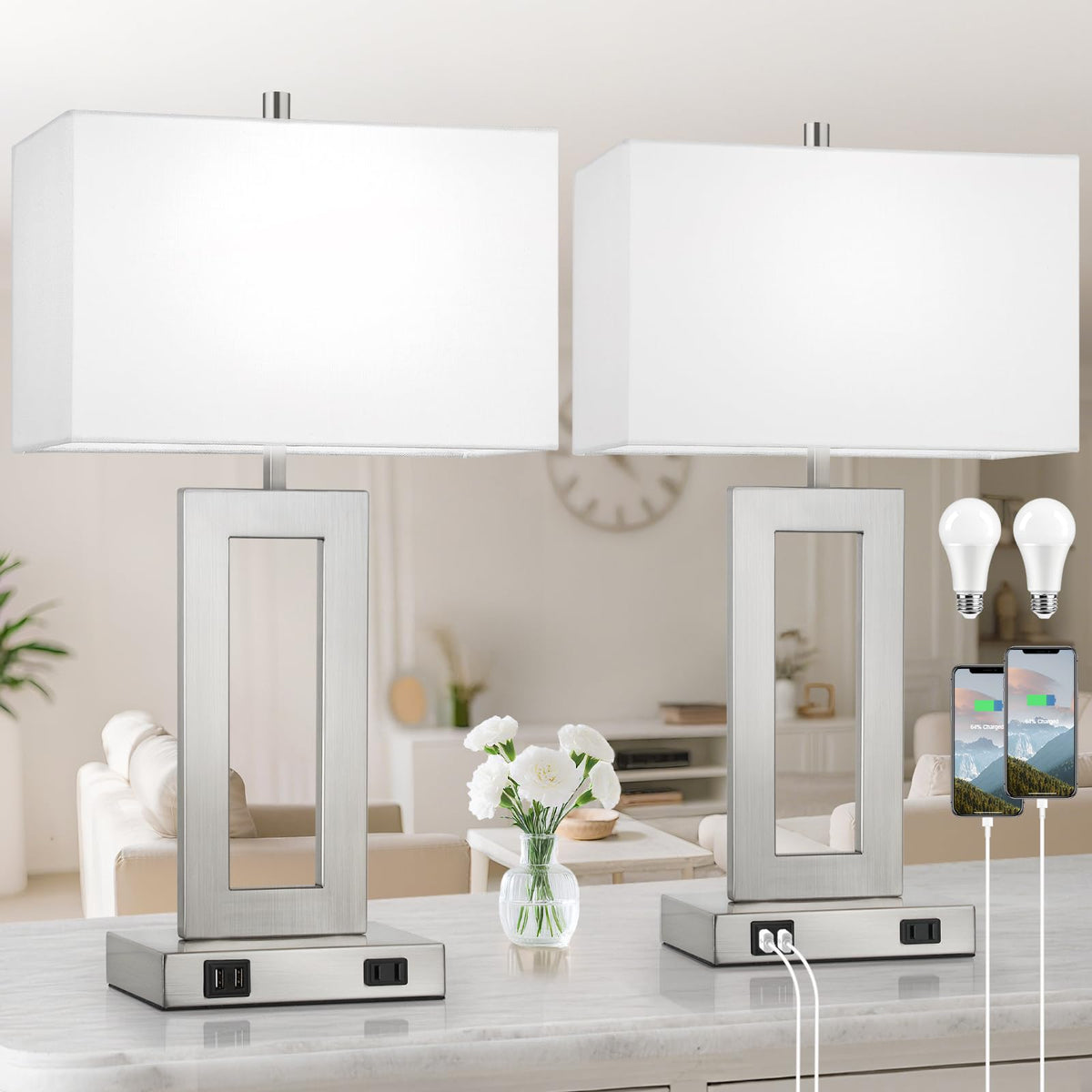 TOBUSA 22" Table Lamp Set of 2, Modern Nightstand Lamp with 2 USB Ports