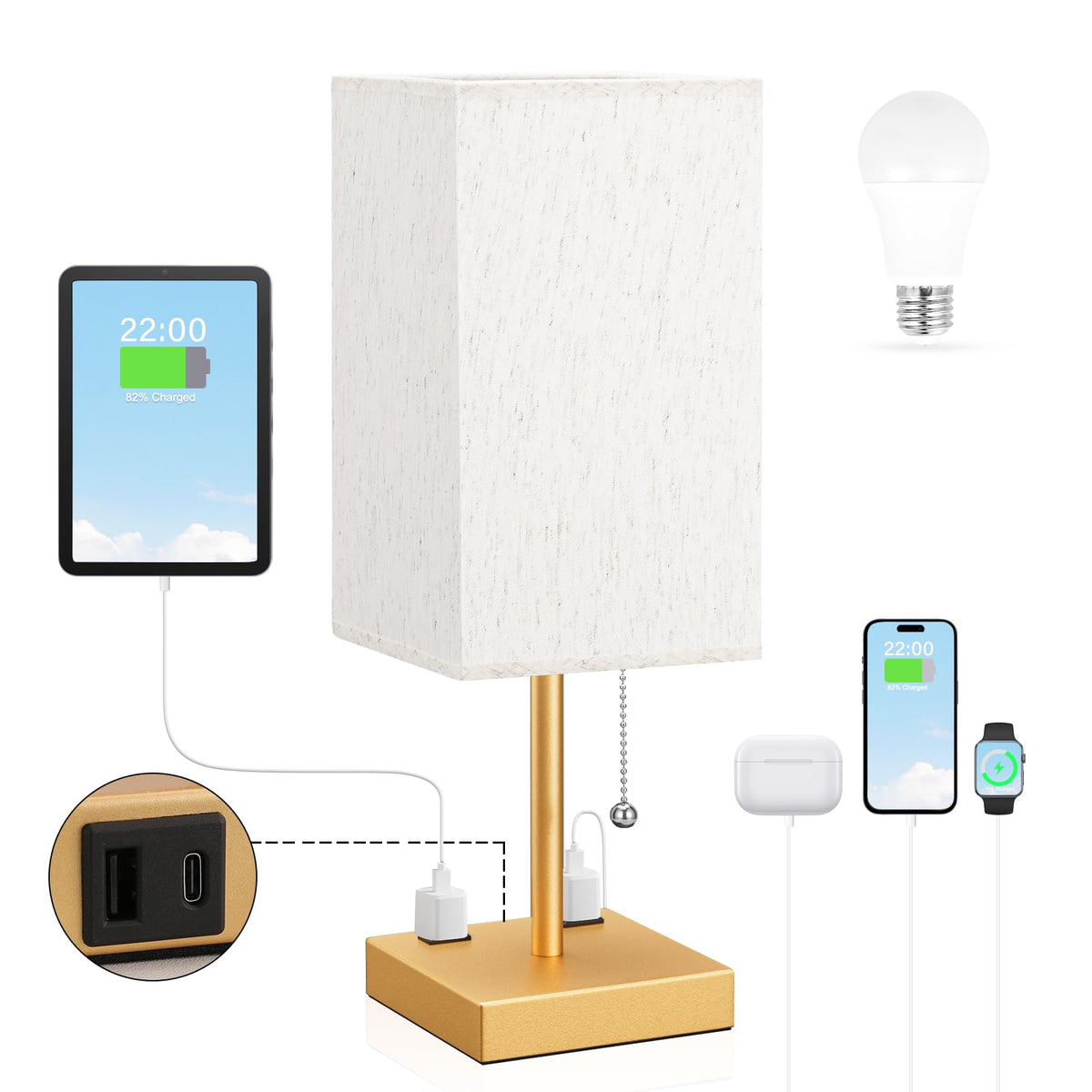 aooshine Small Bedside Table Lamp for Bedroom - Square Cream Fabric Shade
