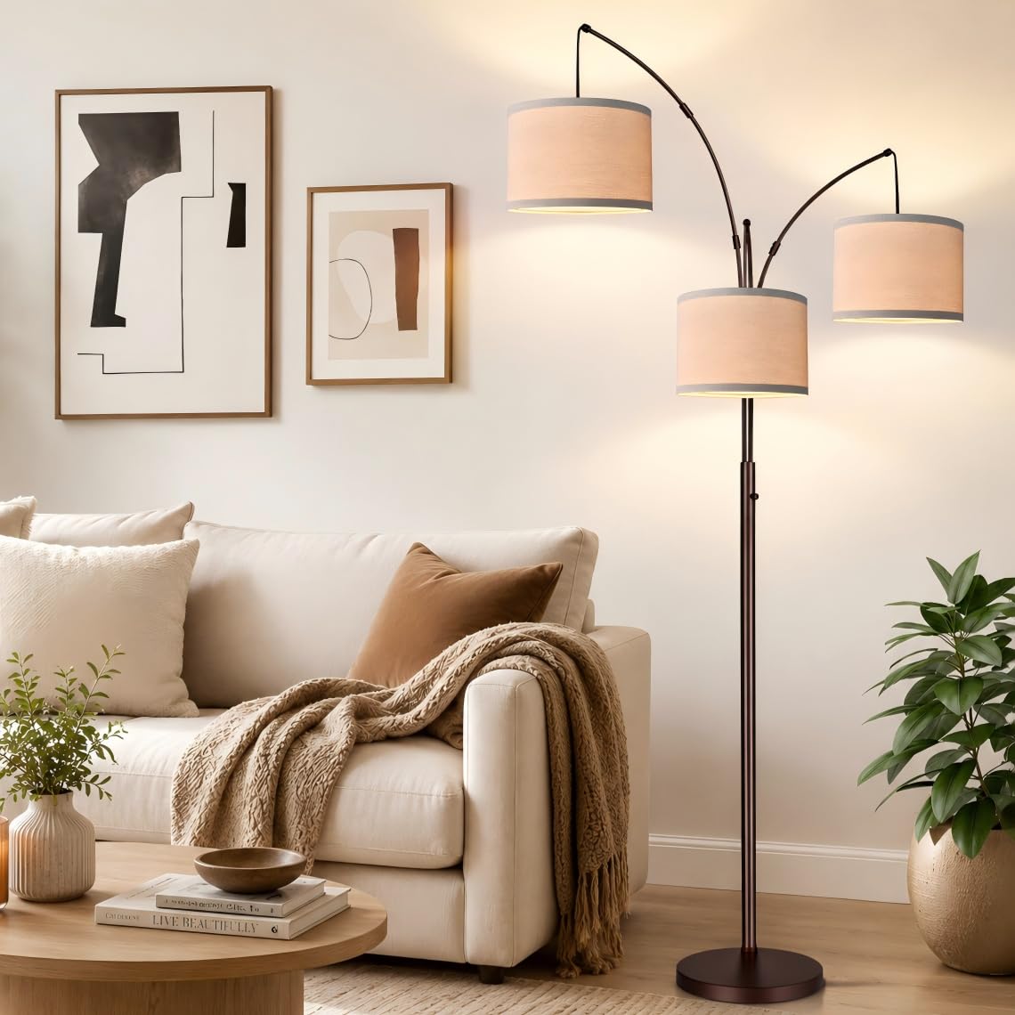 Dimmable 3 Lights Floor Lamp - 3000LM Super Bright Arc Floor Lamps for Living Room, Modern Tall Standing Lamp With Beige Shades, Mid Century Tree Floor Lamp for Bedroom Office, 3 LED Bulbs Included