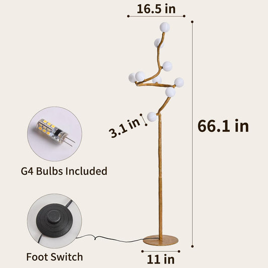 Rustic Farmhouse Tree Floor Lamp, Mid Century Modern Vintage Standing Lamp, 9-Light Moon Floor Lamp with 3D Printed Shades, Retro Branch Floor Light for Living Room Bedroom Officer(66")