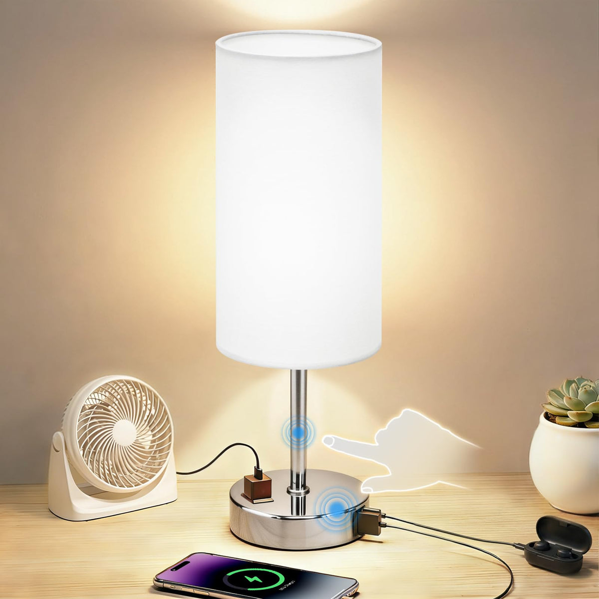 Table Lamp for Bedroom, High-Sensitivity Touch, AC Outlet, USB A+C