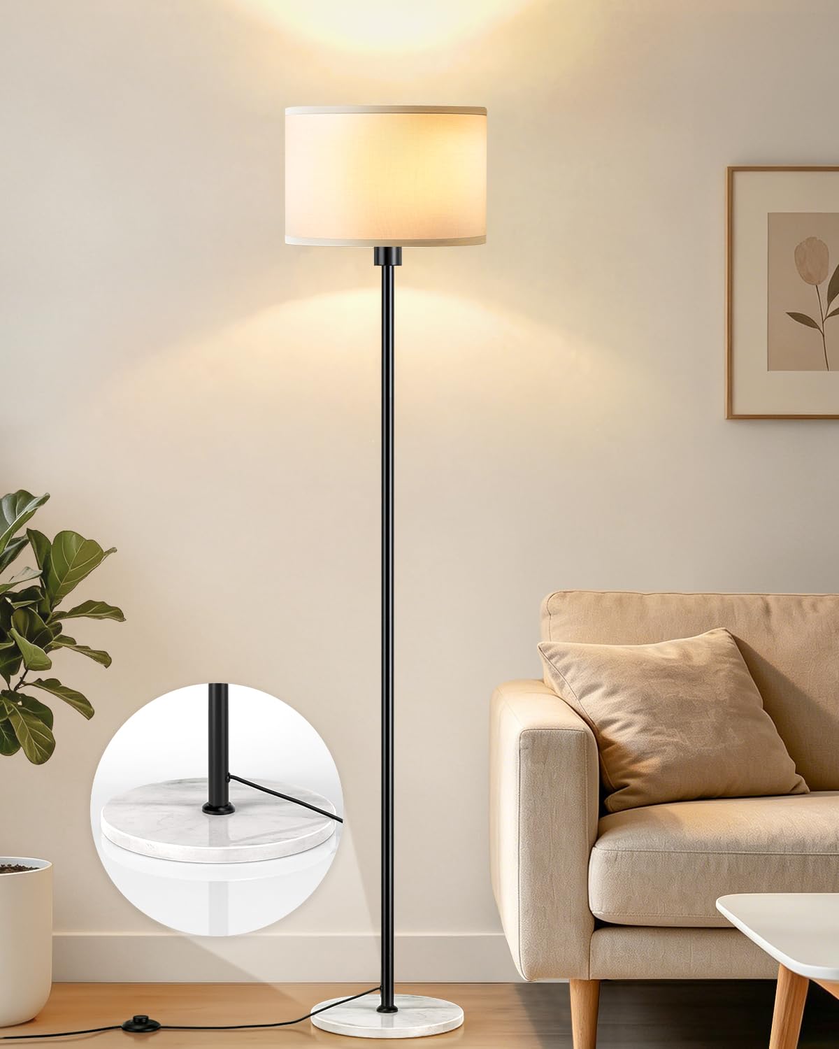63" Gold Floor Lamp for Living Room, Standing Lamp with Marble Base