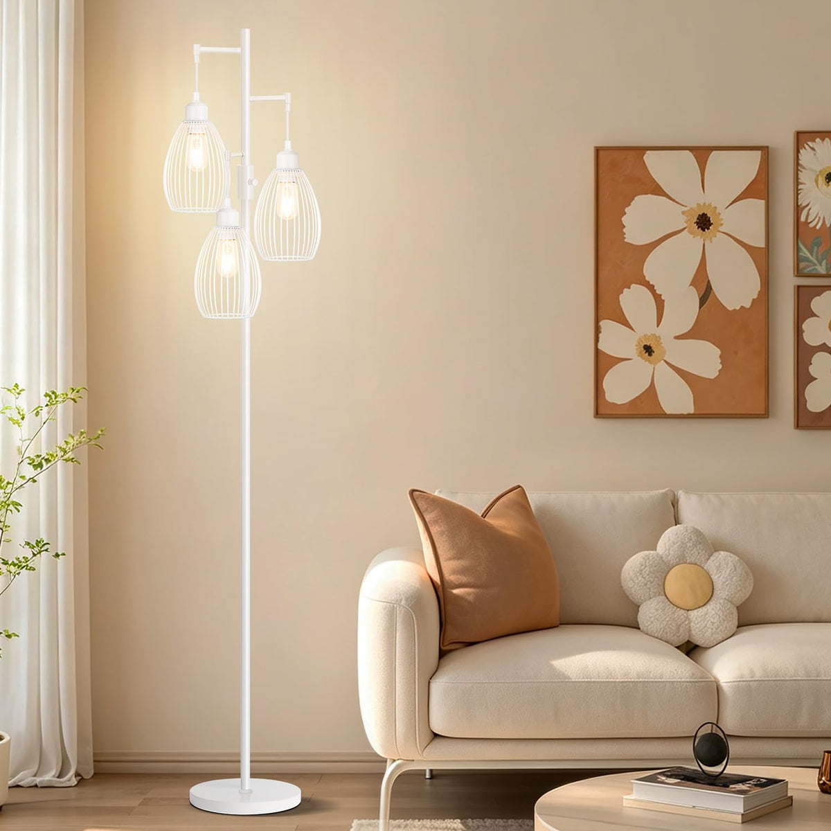 Dimmable Floor Lamp, 3 x 800LM LED Edison Bulbs Included, Farmhouse Industrial Floor Lamp Standing Tree Lamp with Elegant Teardrop Cage Tall Lamps for Living Room Bedroom Office Dining Room-Black
