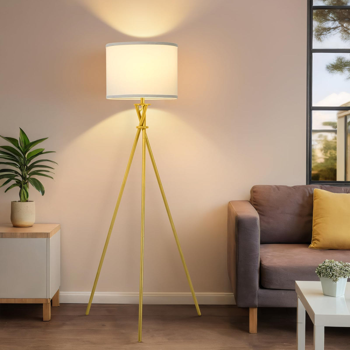 Gold Tripod Floor Lamp, 61” Floor Lamps for Living Room with Rotary Switch