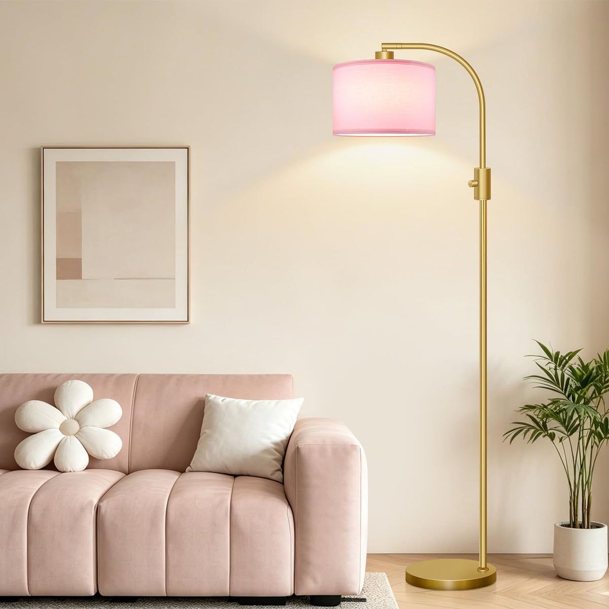 Nintiue Upgraded Modern Arc Dimmable Tall Standing Floor Lamp with Linen Shade, 1200 Lumens LED Bulb Included, for Living & Reading Room, Bedroom, Office & Nursery, Brushed Nickel