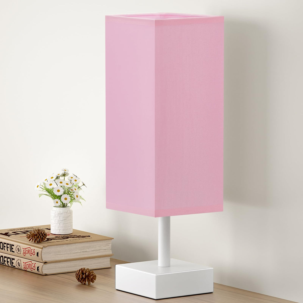 aooshine Small Bedside Table Lamp for Bedroom - Square Cream Fabric Shade