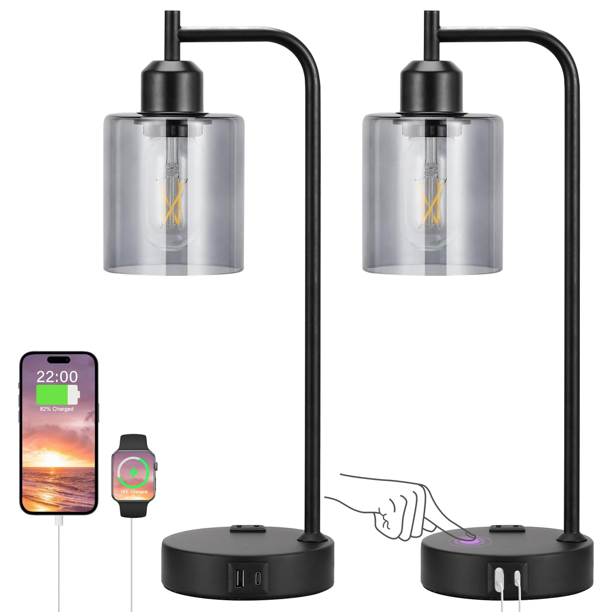 Industrial Touch Lamps for Nightstand Set of 2, 3-Way Dimmable Bedside Lamp