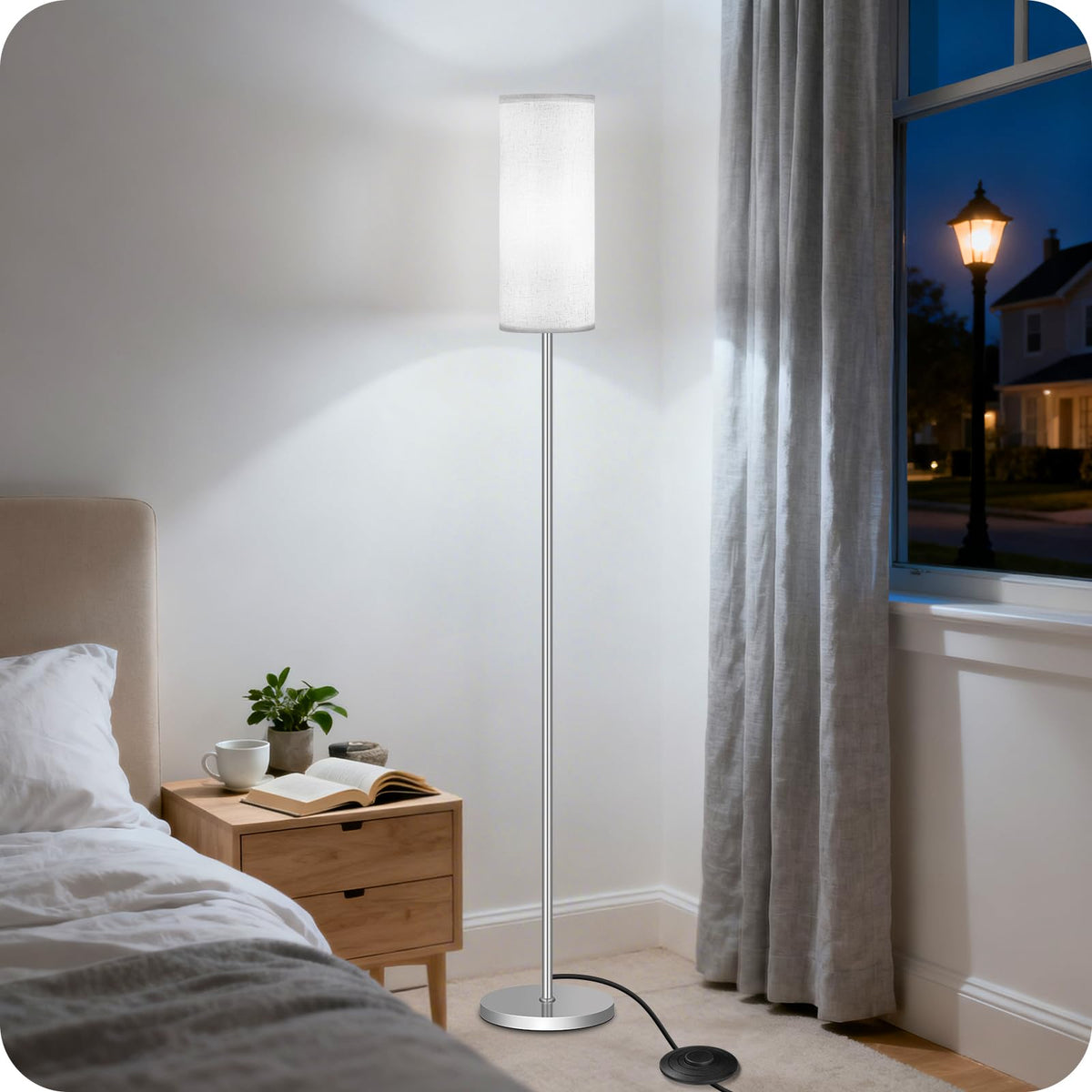 64.4” Slim Floor Lamp for Living Room with Magnetic Remote and Foot Switch, Dimmable Standing Tall Lamp Mood for Bedroom Nursery, 3 Color Temperatures, 1-Hour Timer,900LM Bulb Included,Beige E06LD05W1