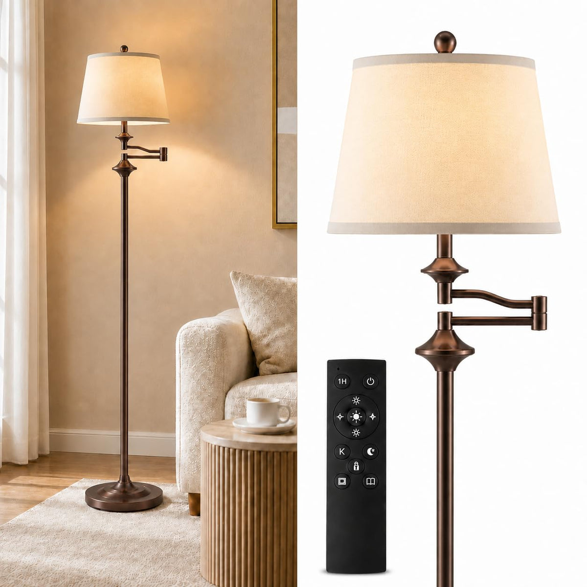 Wio-Mio Vintage Gold Floor Lamp, 350° Adjustable Swing Arm for Living Room
