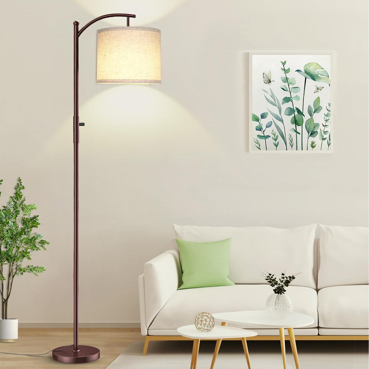 ROTTOGOON Dimmable Floor Lamp, Arc Floor Lamps for Living Room, Stepless Dimming Modern Standing Lamp with Linen Shade, Tall Lamp for Bedroom Office Dining Room- Black