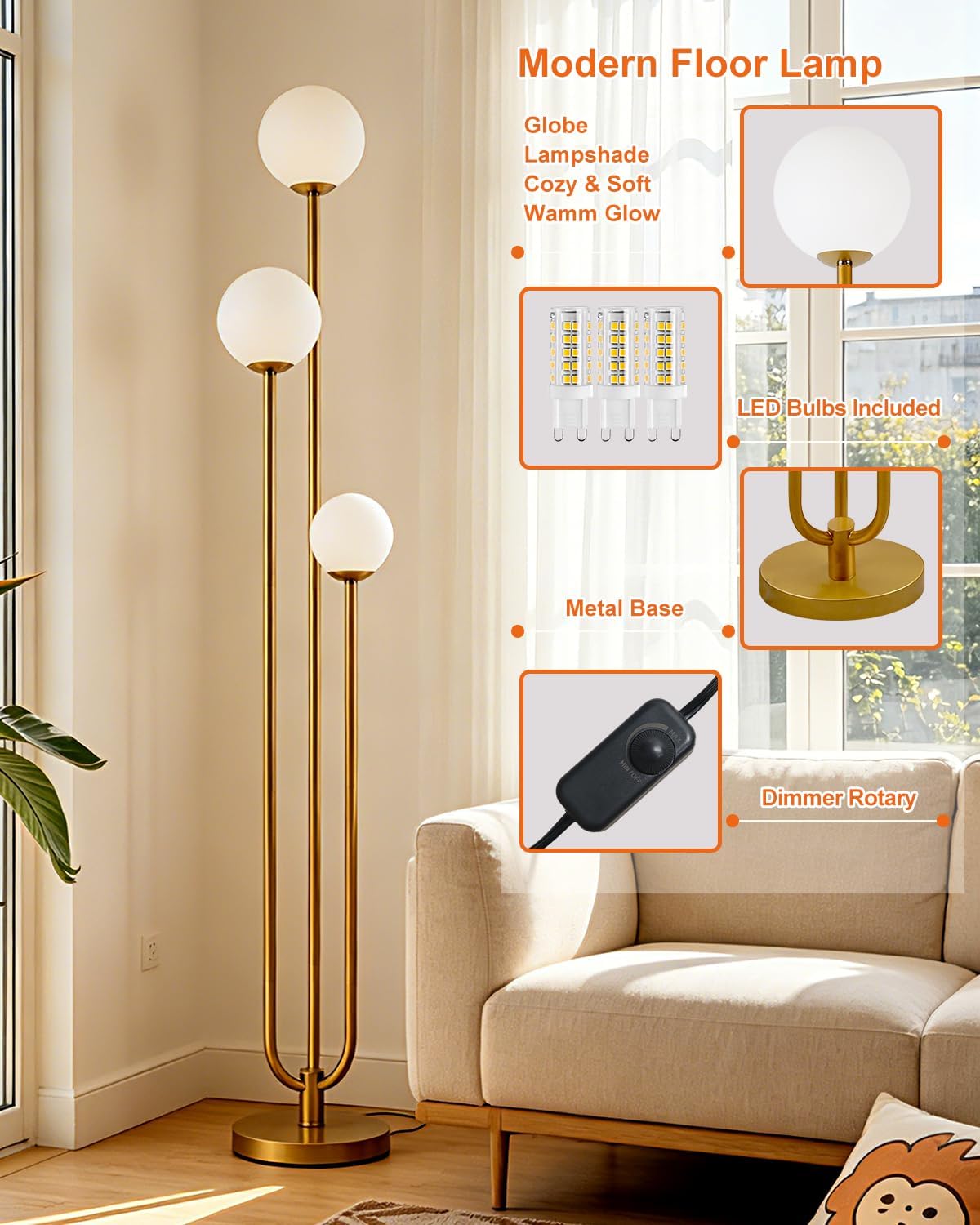 Lightdot 63IN Gold Floor Lamp Dimmable 3-Lights Globe LED Floor Lamps with 3000K Soft Warm White for Wedding/Party Tall Lamp with 5Lbs Heavy Base for Living Room/Bedroom/Sofa Beside/Corner Decor