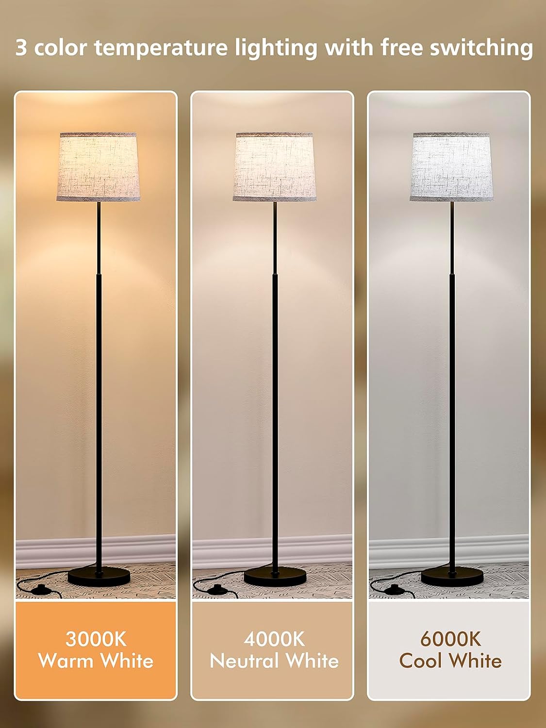 60" Modern Floor Lamp with Linen Shade, 3 Color LED Bulb & Foot Switch