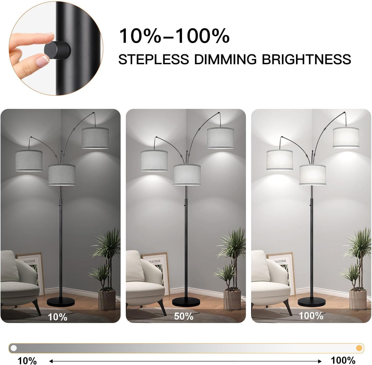 Dimmable Floor Lamp, 3 Lights Black Arc Floor Lamp, Modern Tall Standing Tree Lamp with Grey Linen Shades & Heavy Base, 3000LM LED Bulbs, Bright Lighting for Living Room, Bedroom, Office & Reading