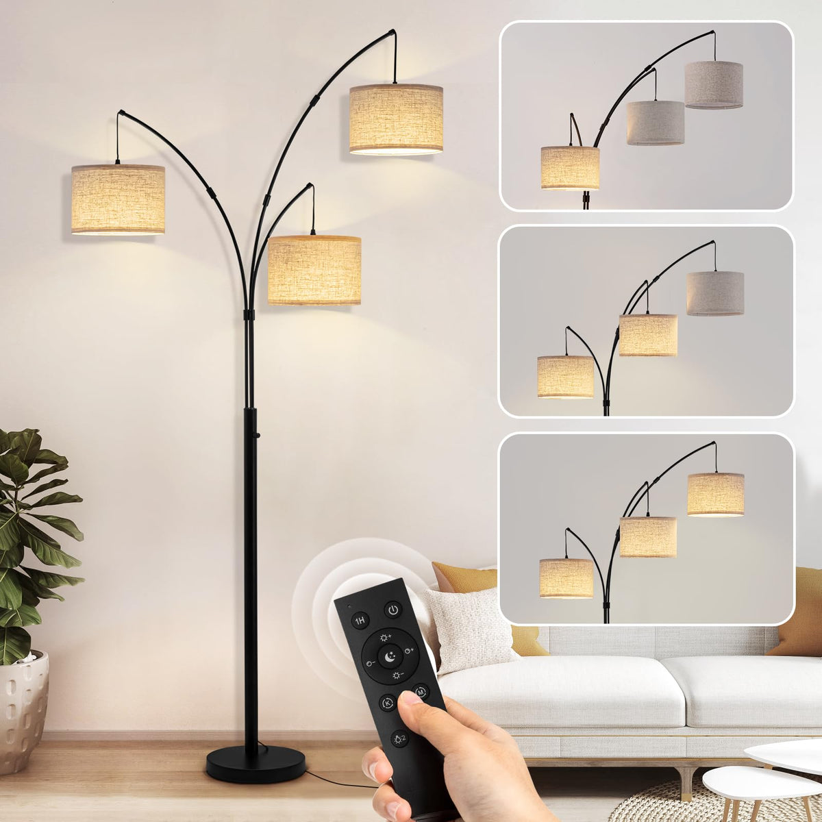 3 Light Arc Floor Lamp with Remote, Beige Shade Black Pole