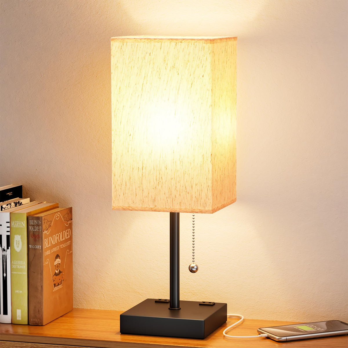 aooshine Small Bedside Table Lamp for Bedroom - Square Cream Fabric Shade