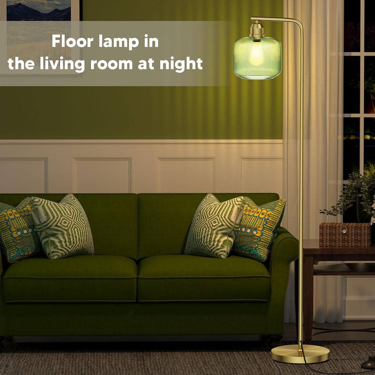 66" Gold Floor Lamp,Standing Lamp with Green Ribbed Glass for Living Room