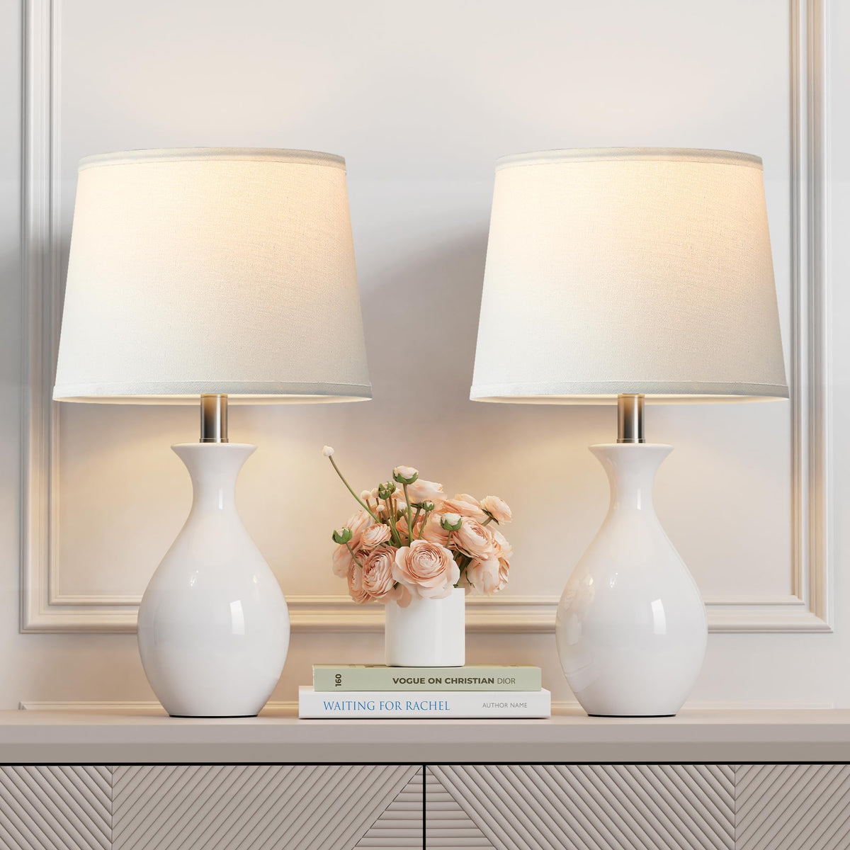 PARTPHONER Table Lamp Set of 2, Modern Ceramic Bedside Lamps for Night Stands, Classic Small Lamp Nightstand Lamp for Bedroom Living Room Desk End Table Rocker Swtich Grey
