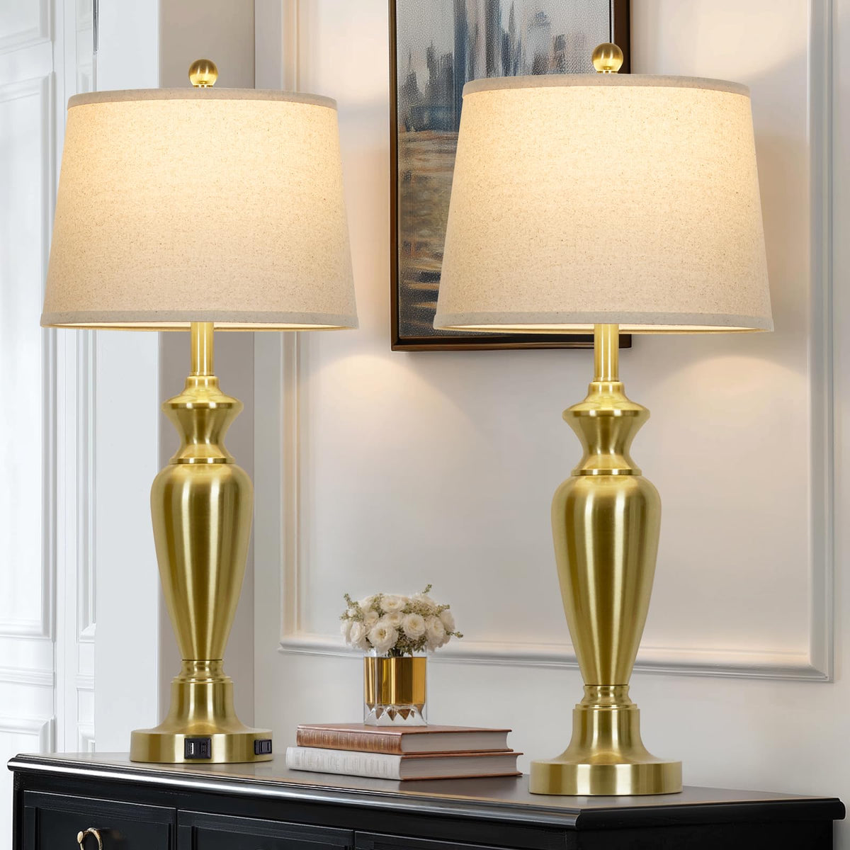Cinyirong 30" Tall Table Lamps Set of 2, Touch Control Bedside Lamp with USB A+C Ports and AC Outlet, 3-Way Dimmable Modern Metal Nightstand Lamp for Bedroom Living Room, 2 LED Bulbs Included, Black