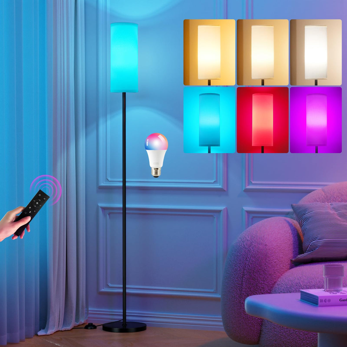 Ambimall 64" Modern Floor Lamp with Remote Control, 9W Bulb Included