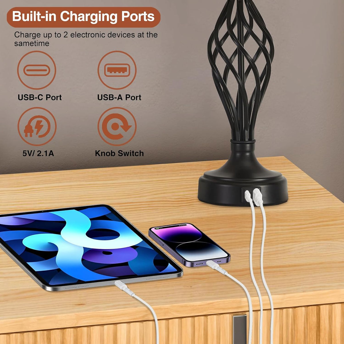 Table Lamp for Bedroom Set of 2 with USB C+A Ports,Modern Night Stand Lamps