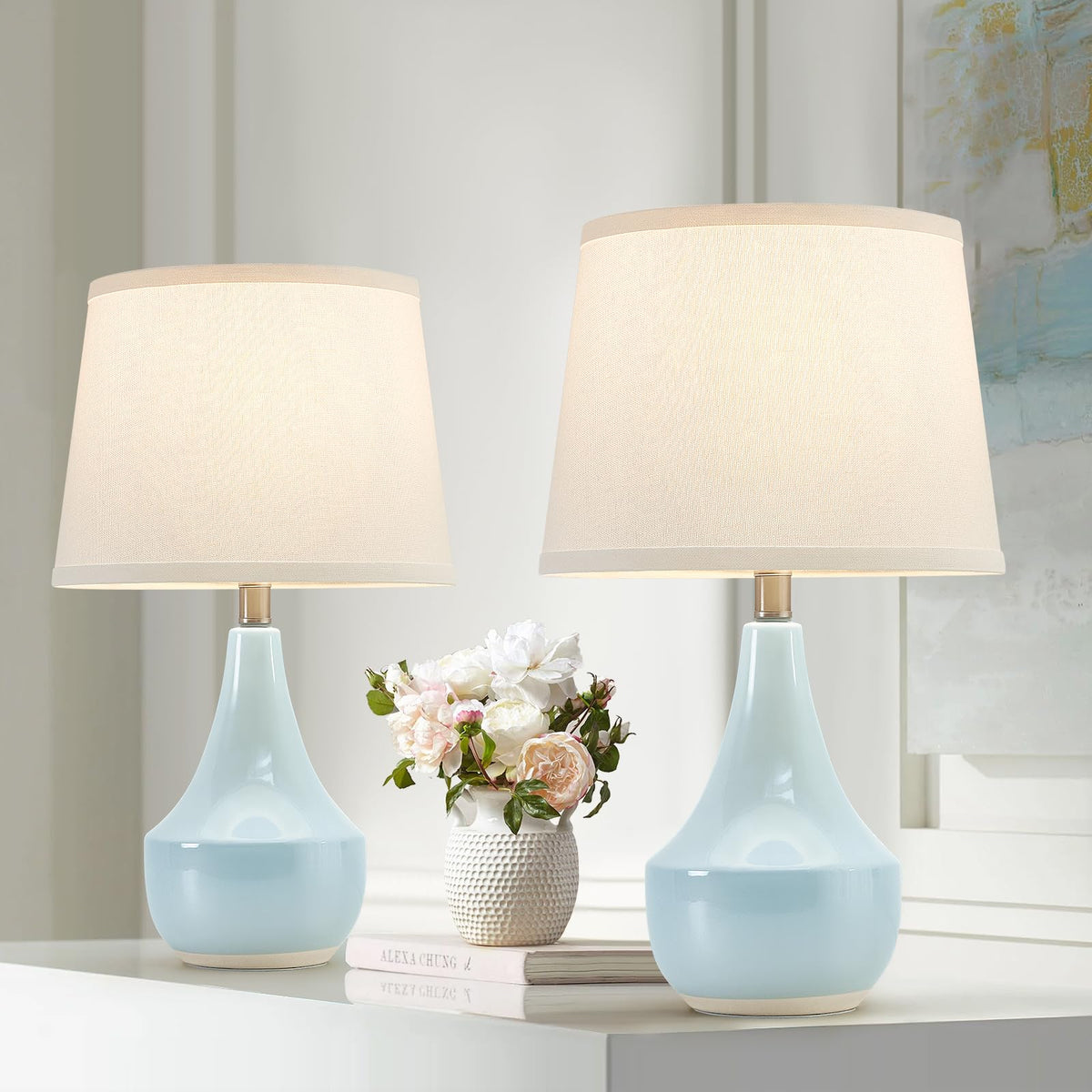GyroVu 18" Table Lamp Set of 2, Ceramic Table Lamp Classic Beside Lamps Nightstand Lamp Modern Lamp for Living Room, Bedroom & Office Rocker Switch Sage Green-LED Bulbs Included