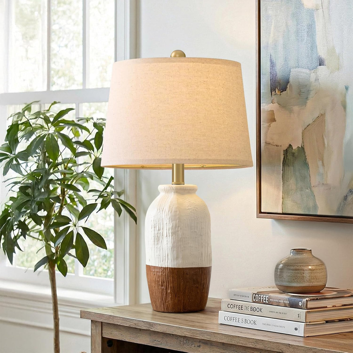 22.5" Green Ceramic Table Lamps for Bedroom, Boho Nightstand Lamp