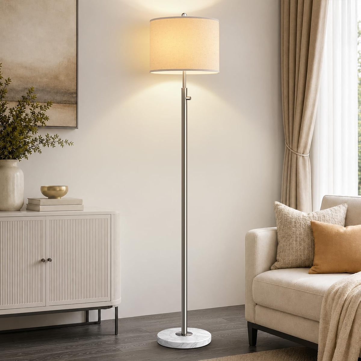 Nintiue Dimmable Gold Floor Lamp, Turkish Marble Base, White Linen Shade