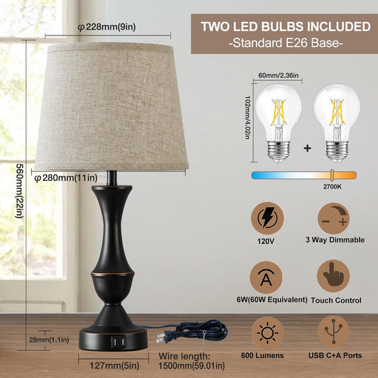 Luvkczc Upgraded Touch Table Lamps Set of 2, 22" Tall Bedside Lamps